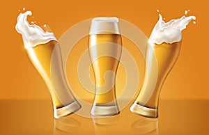 Set light beer in glass cup, refreshing drink with white foam in 3d illustration, splashing beer set