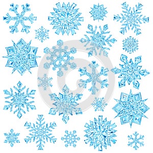 Set of light blue crystal snowflakes isolated on white