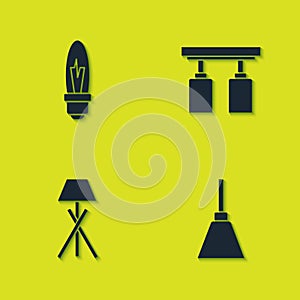 Set Light bulb, Chandelier, Floor lamp and Led track lights lamps icon. Vector