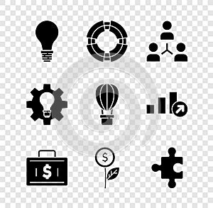 Set Light bulb with concept of idea, Business lifebuoy, Project team base, Briefcase and money, Dollar plant, Piece