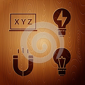 Set Light bulb with concept of idea, XYZ Coordinate system, Magnet and Light bulb with lightning on wooden background photo