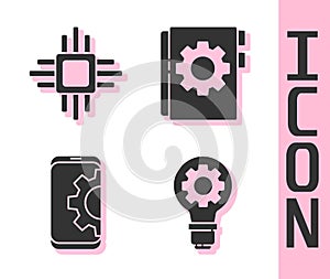 Set Light bulb and gear, Processor with microcircuits CPU, Setting on smartphone and User manual icon. Vector