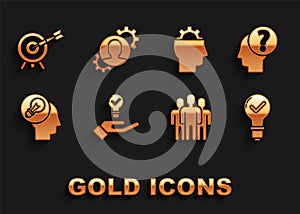 Set Light bulb in hand, Human head with question mark, check, Users group, lamp, gear inside, Target arrow and icon