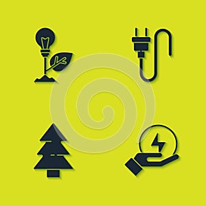 Set Light bulb with leaf, Lightning bolt, Christmas tree and Electric plug icon. Vector