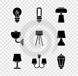 Set Light bulb, LED light, Table lamp, Chandelier, Garden, Wall or sconce and Floor icon. Vector
