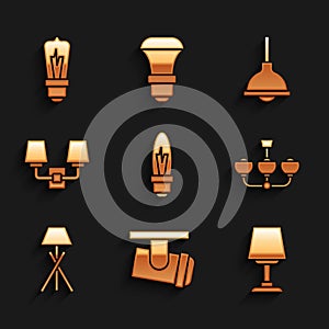 Set Light bulb, Led track lights and lamps, Table, Chandelier, Floor, Wall sconce, Lamp hanging and icon. Vector