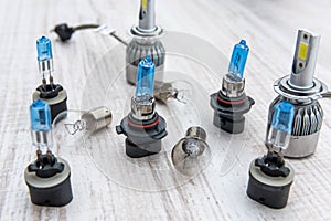 Set of light bulbs for car lamps. Modern technology lightbulbs for repair vechile