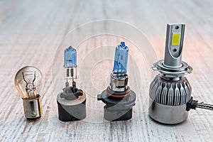 Set of light bulbs for car lamps. Modern technology lightbulbs for repair vechile