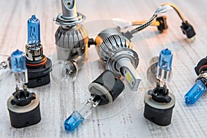 Set of light bulbs for car lamps. Modern technology lightbulbs for repair vechile