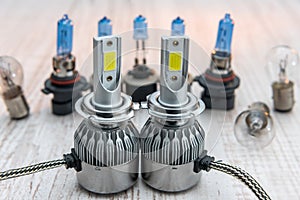 Set of light bulbs for car lamps. Modern technology lightbulbs for repair vechile