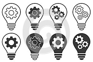 Set of Light bulbs with cog or gear sign. Idea outline icon. Innovation icon in flat style. Idea business concept. Vector outline