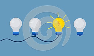 Set of light bulbs with one glowing. Trendy flat vector light bulb icons with concept of idea on blue background