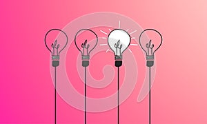 Set of light bulbs on pink gradient background. Modern vector light bulb icons. Concept of enterprising women standing out in a