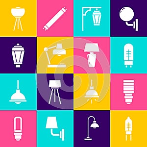 Set Light emitting diode, LED light bulb, Vintage street, Table lamp, Garden, Floor and icon. Vector