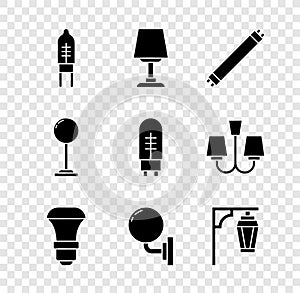 Set Light emitting diode, Table lamp, Fluorescent, LED light bulb, Wall sconce, Vintage street, Floor and icon. Vector