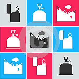 Set Lighter, Camping gas stove and Mountains icon. Vector