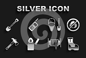 Set Lighter, No fire, Fire boots, hose reel, Firefighter axe, shovel and bucket, and Walkie talkie icon. Vector