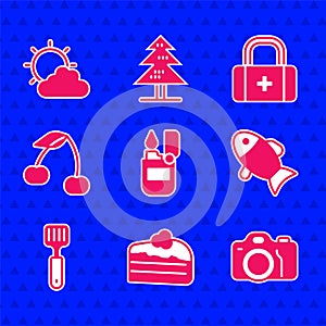 Set Lighter, Piece of cake, Photo camera, Fish, Spatula, Cherry, First aid kit and Sun and cloud weather icon. Vector