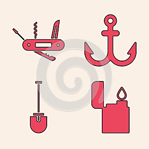 Set Lighter, Swiss army knife, Anchor and Shovel icon. Vector