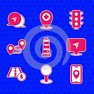 Set Lighthouse, Push pin, City map navigation, Infographic of city, Toll road traffic sign, Route location, Traffic
