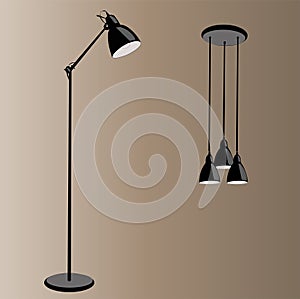 A set of lighting devices. Cozy home. Floor lamp and chandelier. Minimalism, clean lines. Bright modern interior items. Vector iso