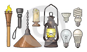 Set lighting object. Torch, candle, flashlight, different types electric lamps