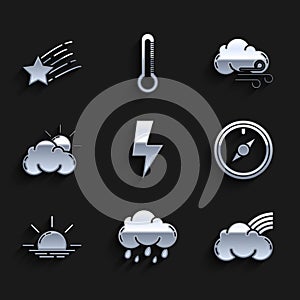 Set Lightning bolt, Cloud with rain, Rainbow clouds, Wind rose, Sunrise, and weather, Windy and Falling star icon