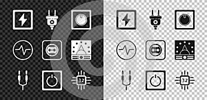 Set Lightning bolt, Electric plug, light switch, Audio jack, Processor with microcircuits CPU, scheme and Electrical