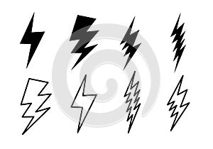 Set lightning bolt. Thunderbolt flat style.Thunder and Bolt Lighting Flash Icons Set on white background