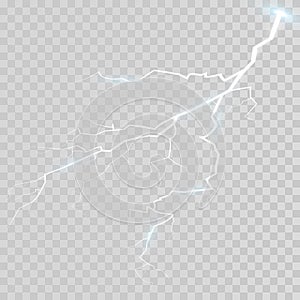 Set of lightning magical and bright light effect. Thunderstorm with lightning and clouds. Vector illustration. Discharge