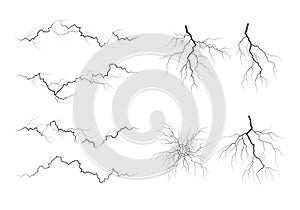 Set of lightning silhouettes. Thunderstorm isolated on white. Vector illustration