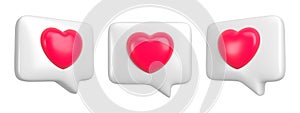 Set of like bubble review icon isolated. Red heart message of rate or feedback. Social media marketing concept. 3d rendering