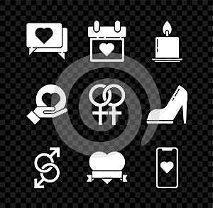Set Like and heart, Calendar with, Burning candle, Male gender symbol, Heart ribbon, Mobile phone, hand and Female icon