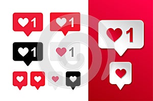 Set of like and heart love button icon. Liked red, black and white bubble. Vector illustration. Isolated on white background. photo