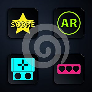 Set Like and heart, Star, Portable video game console and Ar, augmented reality. Black square button. Vector