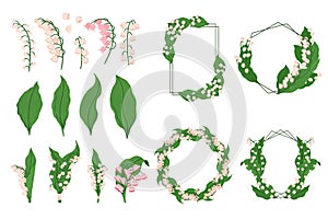 Set Lilly Of The Valley Elements. Green Leaves, Blossoms, Twigs, Frame And Borders Decorative Elements For Invitation