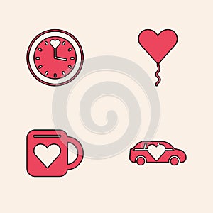 Set Limousine car, Clock, Balloon form of heart and Coffee cup and icon. Vector