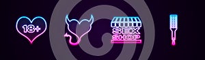 Set line 18 plus content heart, Devil with horns, Sex shop building and Spanking paddle. Glowing neon icon. Vector