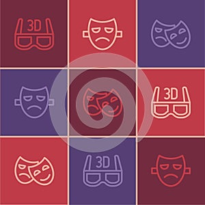 Set line 3D cinema glasses, Comedy and tragedy masks and Drama theatrical icon. Vector