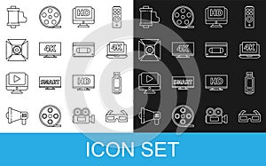 Set line 3D cinema glasses, USB flash drive, Laptop with 4k video, Monitor HD, Screen tv, Movie spotlight, Camera