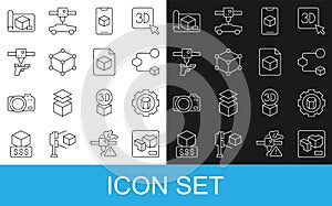 Set line 3D printer, setting, Isometric cube, software, gun, Graphing paper for engineering and file icon. Vector