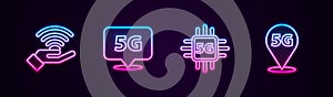 Set line 5G network, Location, Processor and . Glowing neon icon. Vector