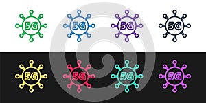Set line 5G new wireless internet wifi connection icon isolated on black and white background. Global network high speed