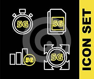 Set line 5G Sim Card, network, and Digital speed meter icon. Vector