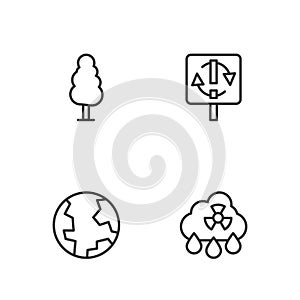 Set line Acid rain radioactive cloud, Earth globe, Tree and Recycle symbol icon. Vector