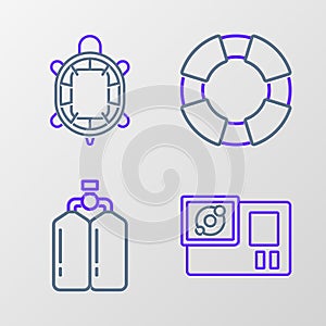Set line Action camera, Aqualung, Lifebuoy and Turtle icon. Vector