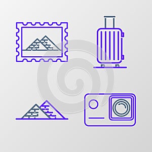 Set line Action extreme camera, Egypt pyramids, Suitcase for travel and Postal stamp and icon. Vector