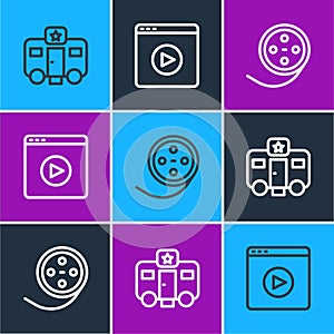 Set line Actor trailer, Film reel and Online play video icon. Vector