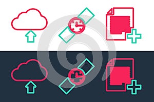 Set line Add new file, Cloud upload and Wrist watch icon. Vector