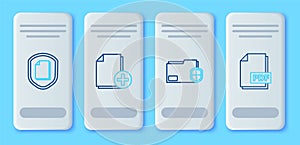 Set line Add new file, Document folder protection, concept and PDF document icon. Vector